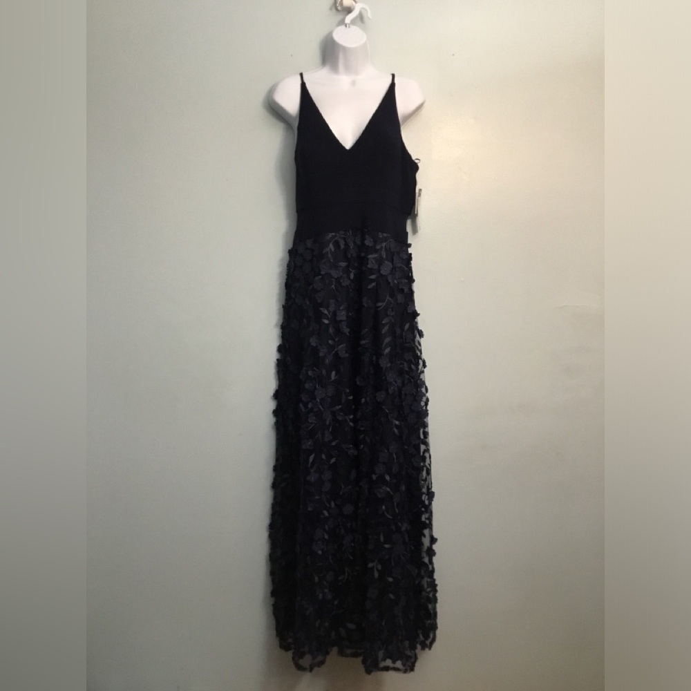 Xscape Navy Blue Backless Floral Gown